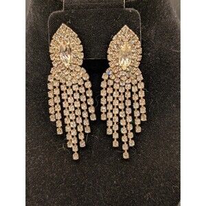 Rhinestone Dangle Earrings Silver Toned Pierced Ears